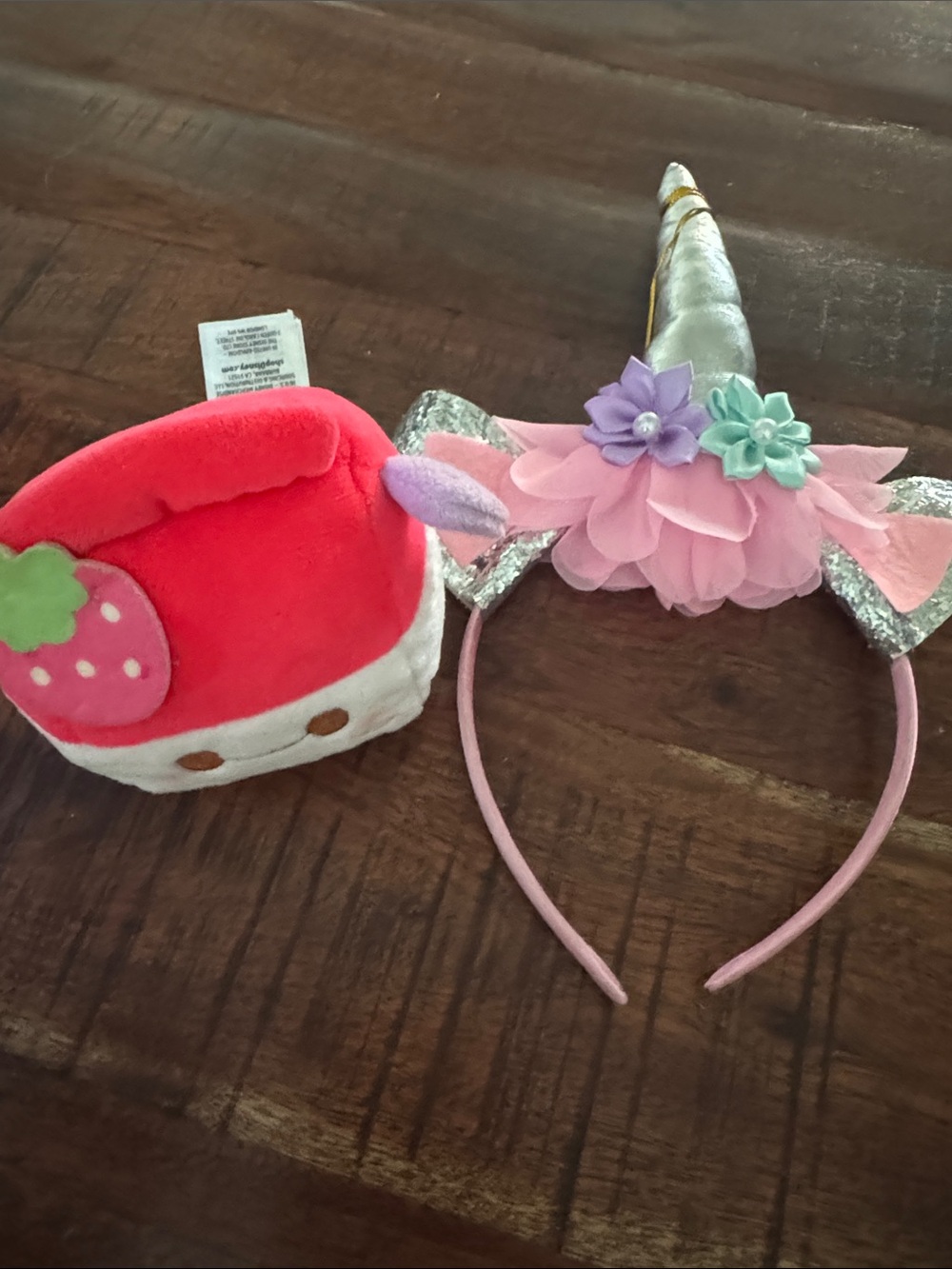 Disney Pink Unicorn Headband with Silver Horn and Red Strawberry Plush